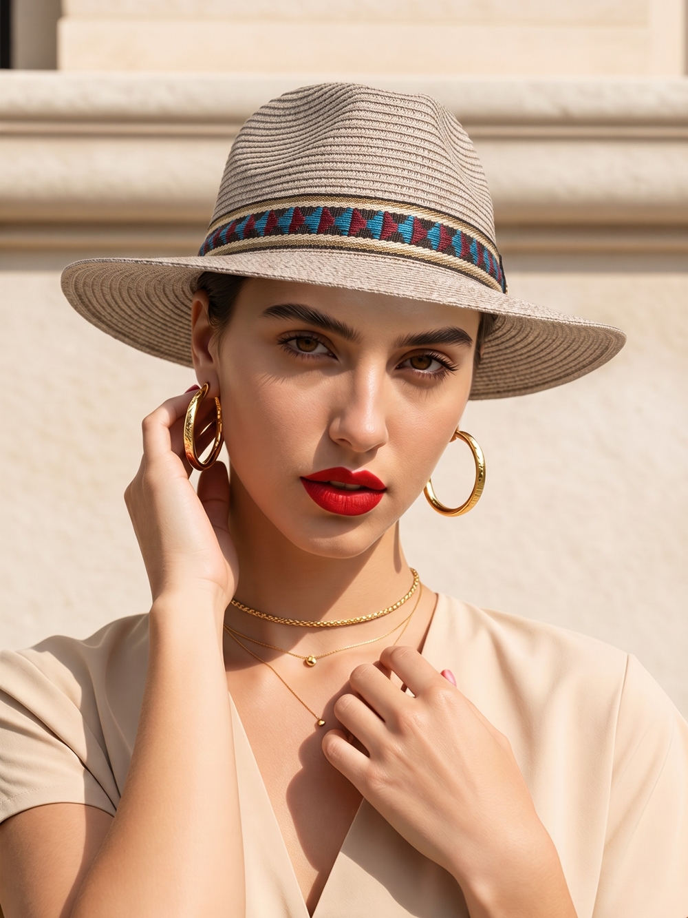 Do everything in love Grey Silver Straw Fedora with Multicolor Geometric Band